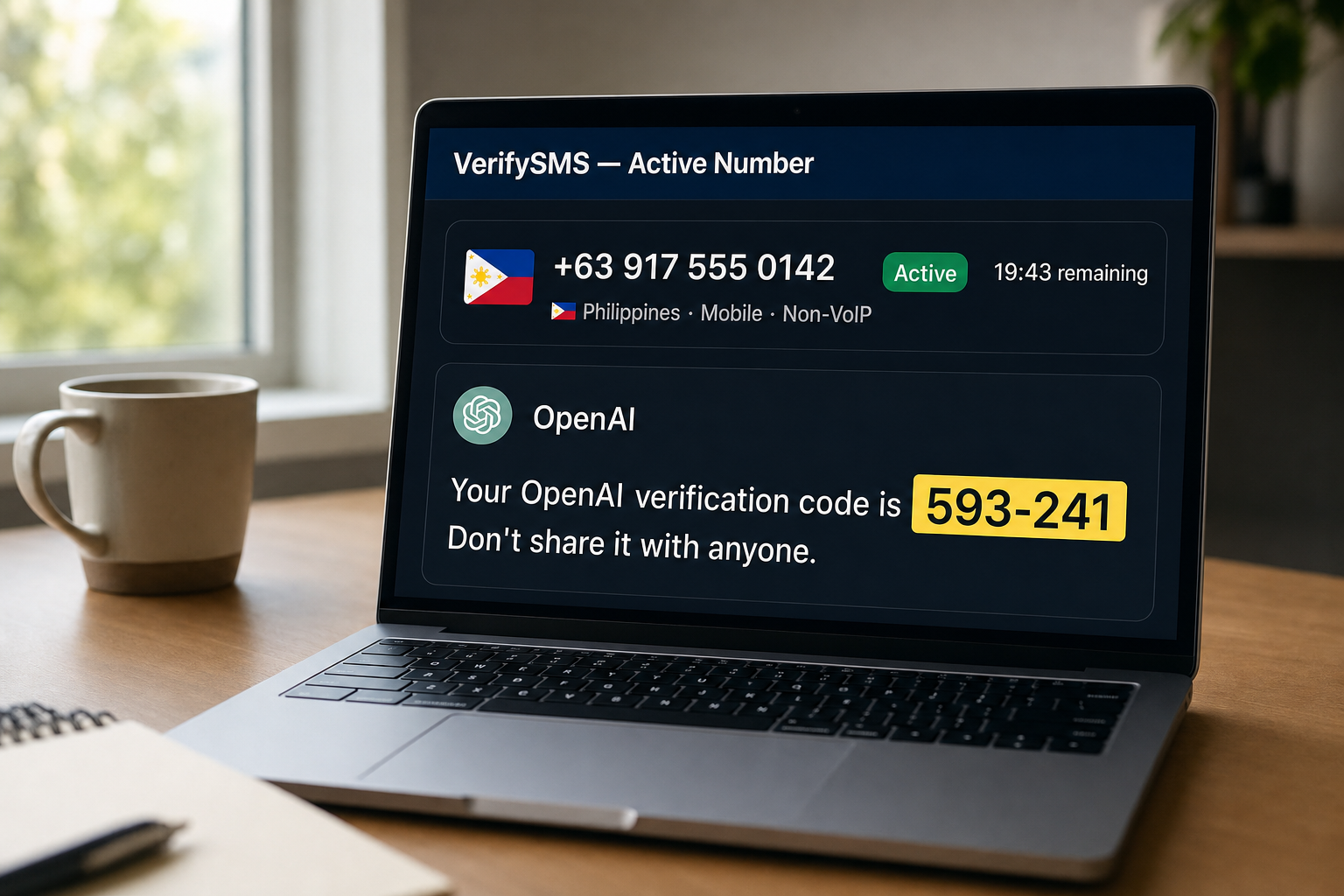 VerifySMS OpenAI verification code 593-241